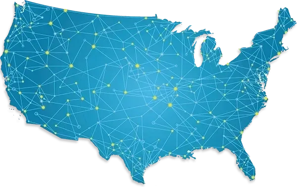 A map of the united states with lines and dots.