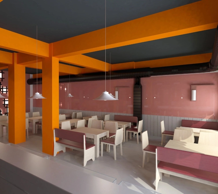 A restaurant with orange walls and white tables.