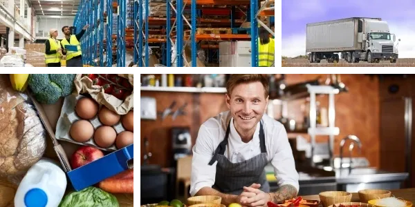 A collage of different food items and people.